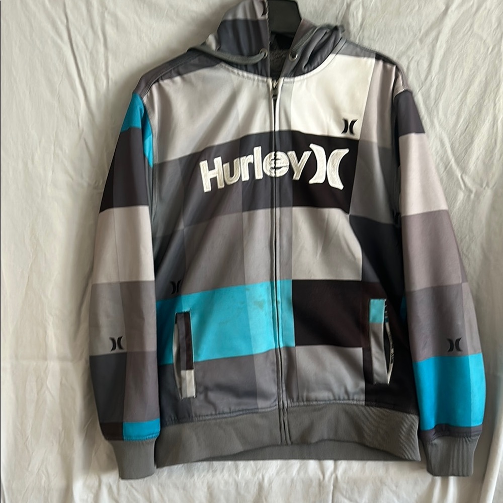 Hurley Gray and Blue Block Pattern Hoodie